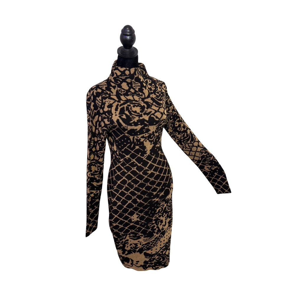 Venus Mock Neck Sweater Mini Dress XS Black Brown Baroque Damask Knit Bodycon